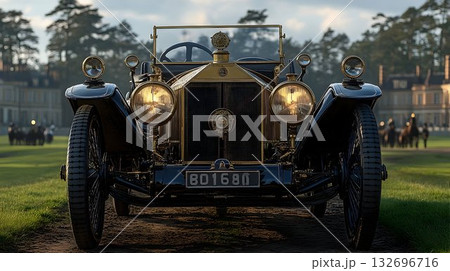 Vintage Automobile on a Countryside Track with Horse Racing in t 132696716