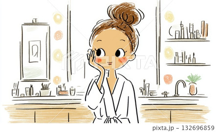 洗面所でスキンケアをする女性のイラスト 132696859