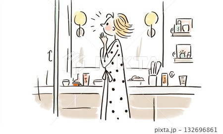 スキンケアの効果に喜ぶ女性 手書き風イラスト 132696861