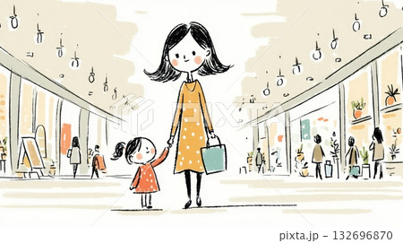 ショッピングモールで手をつなぐ親子（母と娘）のイラスト 132696870