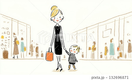 ショッピングモールで手をつなぐ親子（母と息子）のイラスト 132696871