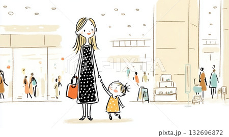 ショッピングを楽しむ親子（母と娘）のイラスト 132696872