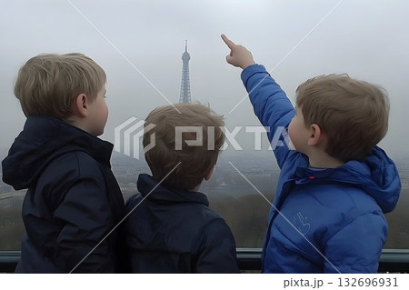 Three Boys Gaze at the Eiffel Tower on a Foggy Paris Day Three Boys Gaze at the Eiffel Tower on a Foggy Paris Day 132696931