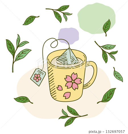 桜のイラストの入ったマグカップに三角ティーバッグでお茶を入れる 桜のイラストの入ったマグカップに三角ティーバッグでお茶を入れる 132697057