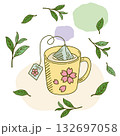 桜のイラストの入ったマグカップに三角ティーバッグでお茶を入れる 132697058