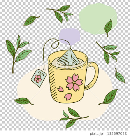 桜のイラストの入ったマグカップに三角ティーバッグでお茶を入れる 桜のイラストの入ったマグカップに三角ティーバッグでお茶を入れる 132697058