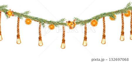 Christmas garland with fir branches, dried oranges, star anise, and vintage rope lights. Hand-painted watercolor seamless border in warm tones, perfect for winter cards, decor, holiday design projects Christmas garland with fir branches, dried oranges, star anise, and vintage rope lights. Hand-painted watercolor seamless border in warm tones, perfect for winter cards, decor, holiday design projects 132697068