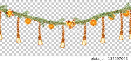 Christmas garland with fir branches, dried oranges, star anise, and vintage rope lights. Hand-painted watercolor seamless border in warm tones, perfect for winter cards, decor, holiday design projects 132697068