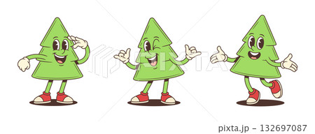 Cartoon Christmas Tree Character Vector Illustration Set Saluting Shaka And Welcoming Pose 132697087