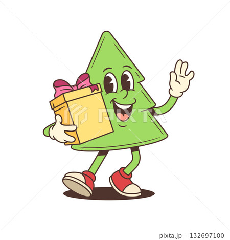 Cheerful Cartoon Christmas Tree Character Holding Gift Box Vector Illustration With Pink Ribbon Cheerful Cartoon Christmas Tree Character Holding Gift Box Vector Illustration With Pink Ribbon 132697100