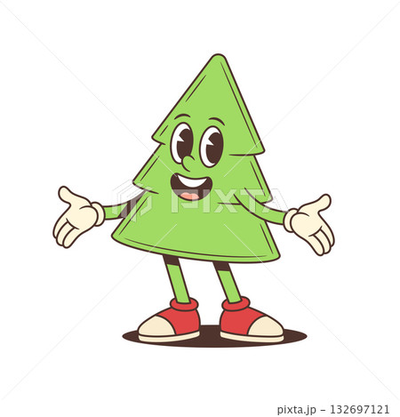 Cartoon Christmas Tree Character Vector Illustration Waving With White Gloves Cartoon Christmas Tree Character Vector Illustration Waving With White Gloves 132697121