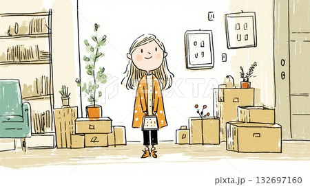 新生活を始める女性とダンボールの手書き風イラスト 132697160
