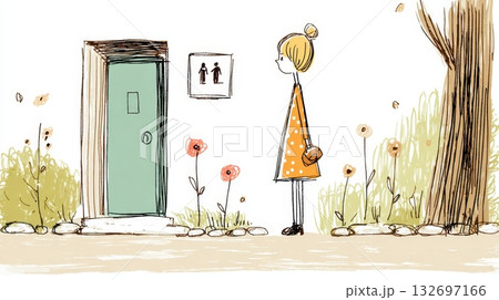 公園のトイレの前で待つ女性の手書き風イラスト 132697166