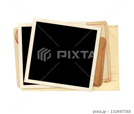 Two retro photo, vintage envelope and cards. Old card, blank photo. Isolated on white. Nostalgic scrapbooking mockup template is perfect way to express creativity and evoke a sense of warm memories Two retro photo, vintage envelope and cards. Old card, blank photo. Isolated on white. Nostalgic scrapbooking mockup template is perfect way to express creativity and evoke a sense of warm memories 132697388