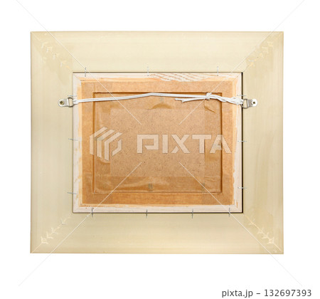 Framing industry. Back side of picture frame in retro style. Reverse side of Wood baguette for embroidery stretching, painting. Interior design, decor. Isolated on white background 132697393