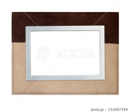 Vintage photo frame with patchwork velour trim and metal border. Vertical or horizontal retro picture fabric frame of brown and beige colors. Mock up template. Copy space for text. Isolated on white Vintage photo frame with patchwork velour trim and metal border. Vertical or horizontal retro picture fabric frame of brown and beige colors. Mock up template. Copy space for text. Isolated on white 132697394