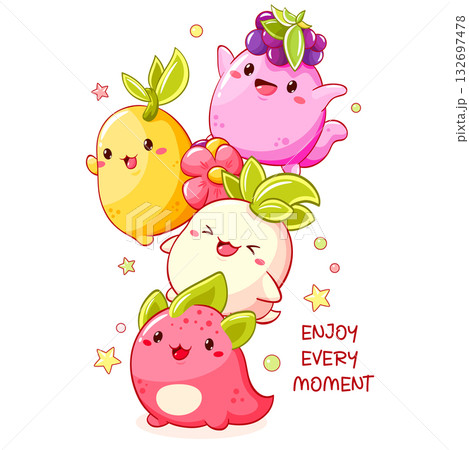 Stack of kawaii characters. Cute little monsters fooling around. Pile of Funny happy baby monsters. Can be used for t-shirt print, sticker, greeting card, menu design. Vector illustration EPS8 132697478