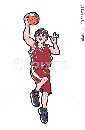バスケットボールでレイアップシュートをする男の子のイラスト バスケットボールでレイアップシュートをする男の子のイラスト 132697530