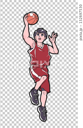 バスケットボールでレイアップシュートをする男の子のイラスト バスケットボールでレイアップシュートをする男の子のイラスト 132697530