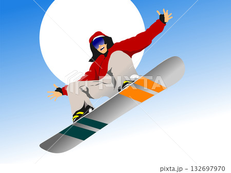Snowboarder is making a jump with the blue sky as background Snowboarder is making a jump with the blue sky as background 132697970
