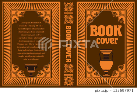 Book cover design featuring greek ornaments and vase silhouette, ideal for history or archeology publications Book cover design featuring greek ornaments and vase silhouette, ideal for history or archeology publications 132697971
