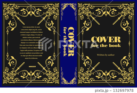 Elegant book cover design showcasing golden swords and intricate flourishes on a black and blue background Elegant book cover design showcasing golden swords and intricate flourishes on a black and blue background 132697978