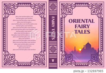 Book cover design featuring an ornate frame and the taj mahal at sunset 132697985
