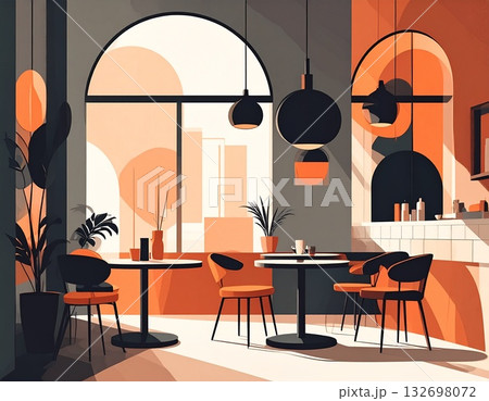 モダンで居心地の良いカフェのインテリアと日差し 132698072