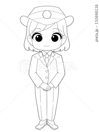 女性駅員のかわいい白黒イラスト 132698116