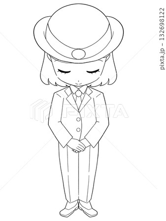 お辞儀をする女性駅員の白黒イラスト お辞儀をする女性駅員の白黒イラスト 132698122