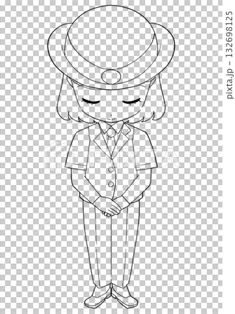 Black and white illustration of a female station attendant bowing 132698125