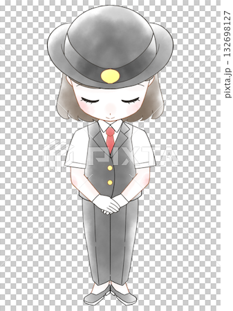 Watercolor illustration of a female station attendant bowing 132698127