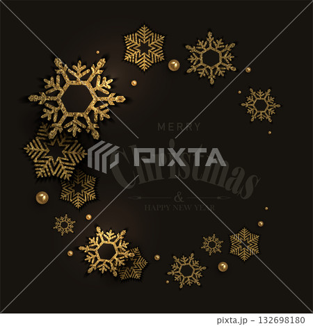 Merry Christmas. Isolated round wreath with golden, delicate snowflakes 132698180