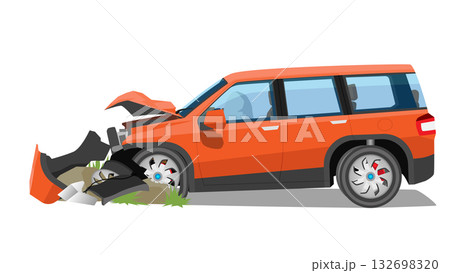 Red car accident hit a large rock. Front was severely damaged, the bumper was broken and the hood was broken. Alloy wheels and tires are torn. Airbag deployed behind the steering wheel. 132698320