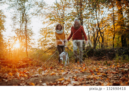 Elderly man and woman walking their dog in nature on autumn day. 132698418