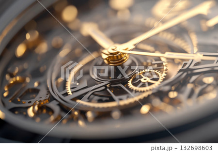 Close-up of intricate gold clockwork gears, suitable as a steampunk background 132698603