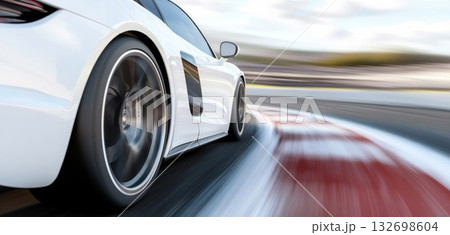 Close-up of front wheel and car body driving on scenic road 132698604