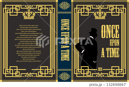 Book cover design featuring a gentleman's silhouette with top hat, crown, and elegant frame, perfect for vintage or classic themes 132698667