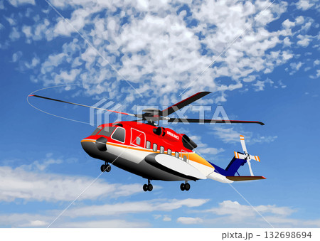 Red and white ambulance helicopter flying through a bright blue sky with scattered cumulus clouds 132698694