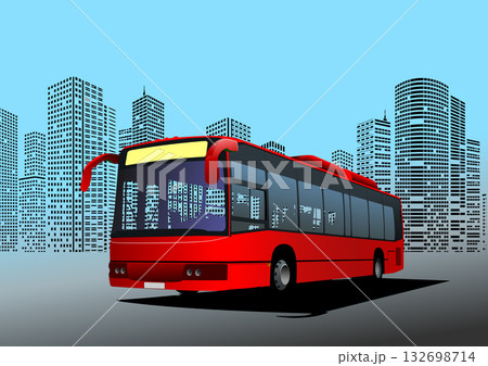 Red bus driving through downtown with skyscrapers in the background, urban transportation concept 132698714
