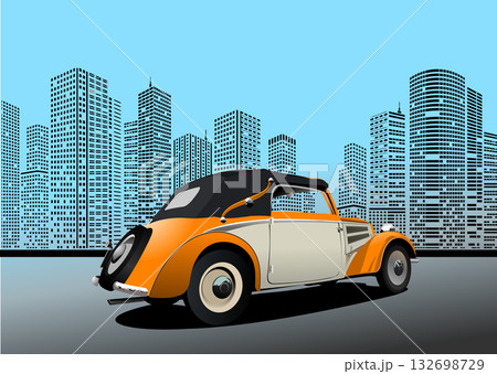 Classic convertible car parked in front of a stylized cityscape, evoking a sense of timeless elegance and urban sophistication Classic convertible car parked in front of a stylized cityscape, evoking a sense of timeless elegance and urban sophistication 132698729