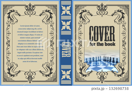 Elegant book cover design with ornate frame, crown, chess pieces, and classic typography, ideal for literature, strategy, or game-related publications Elegant book cover design with ornate frame, crown, chess pieces, and classic typography, ideal for literature, strategy, or game-related publications 132698738