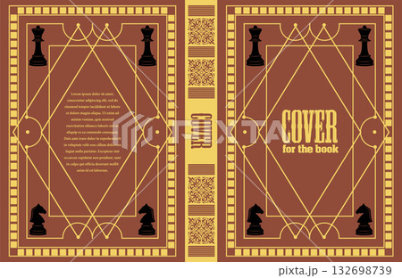 Intricate book cover design incorporating chess pieces, geometric patterns, and ornate borders, creating a visually appealing layout Intricate book cover design incorporating chess pieces, geometric patterns, and ornate borders, creating a visually appealing layout 132698739