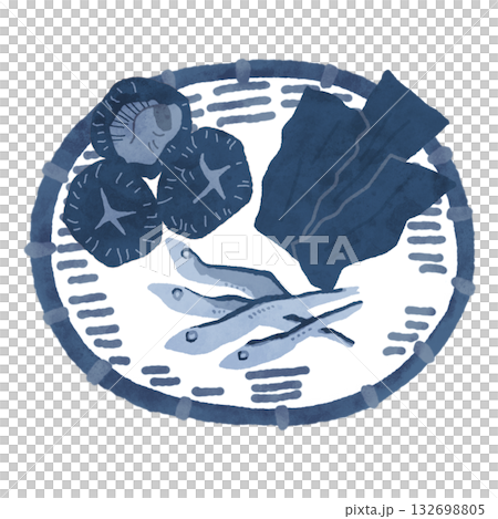 This is an illustration of shiitake mushrooms, kelp, and dried sardines placed on a colander. This is an illustration of shiitake mushrooms, kelp, and dried sardines placed on a colander. 132698805