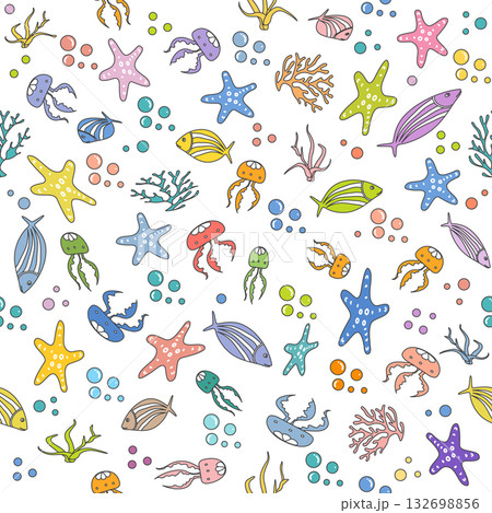 Colorful sea creatures pattern with starfish, fish, jellyfish, and corals on white background Colorful sea creatures pattern with starfish, fish, jellyfish, and corals on white background 132698856