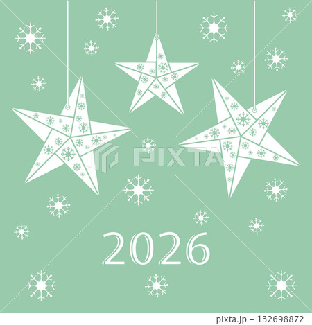 Christmas stars and snowflakes on green background with text 2026 celebrating holiday season 132698872