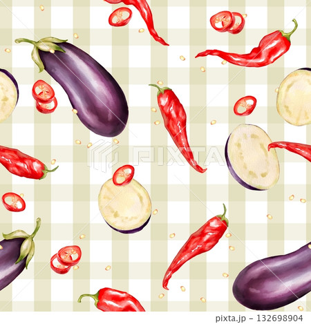 Seamless pattern featuring whole eggplants, eggplant slices, red chili peppers, and seeds over light checkered background 132698904