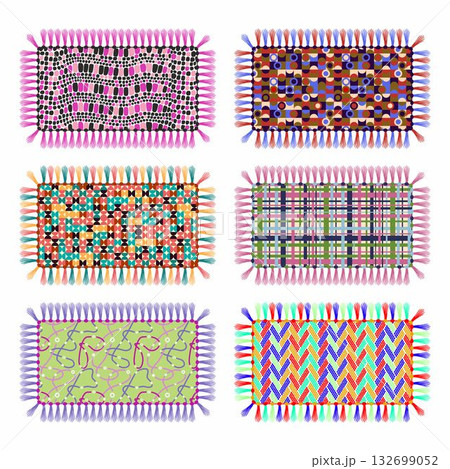 Decorative carpets set or collection. Bedding under feet. Cozy home textile. Interior elements. Different patterns, shapes and designs. 132699052