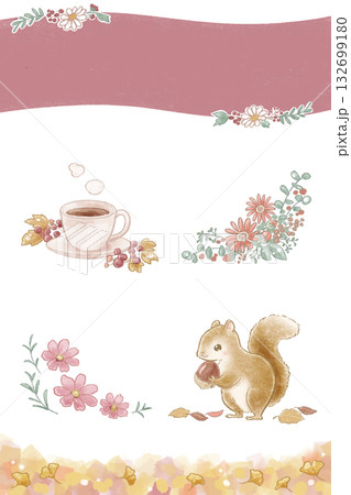 絵本タッチの秋モチーフイラスト&タイトルフレームセット(お花、コーヒー、リス、銀杏、ピンク) 絵本タッチの秋モチーフイラスト&タイトルフレームセット(お花、コーヒー、リス、銀杏、ピンク) 132699180