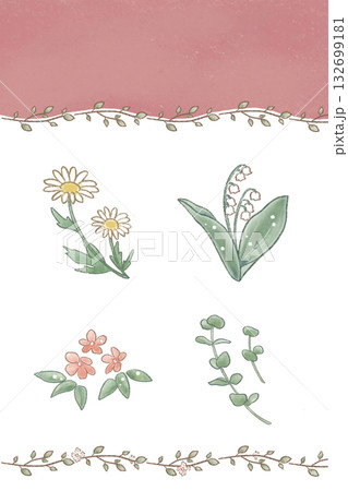 絵本タッチのお花・植物(マーガレット、すずらん、ブルースター、ユーカリ、ピンク) 絵本タッチのお花・植物(マーガレット、すずらん、ブルースター、ユーカリ、ピンク) 132699181